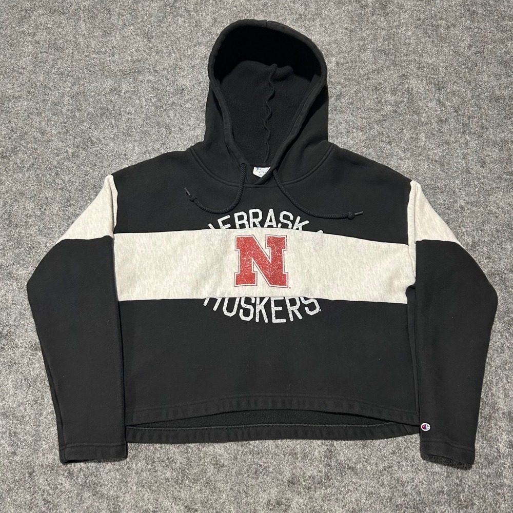 Champion Nebraska Huskers Reverse Weave Cropped Hoodie‎ Black Grey XL Y2K Retro
